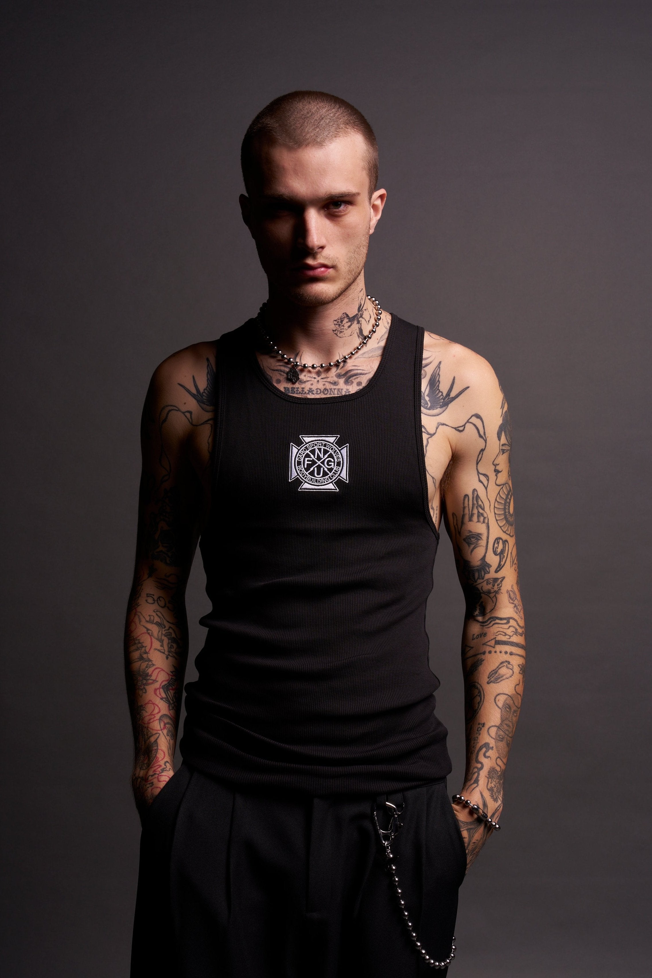 Black Ribbed Iron Cross Tank Top