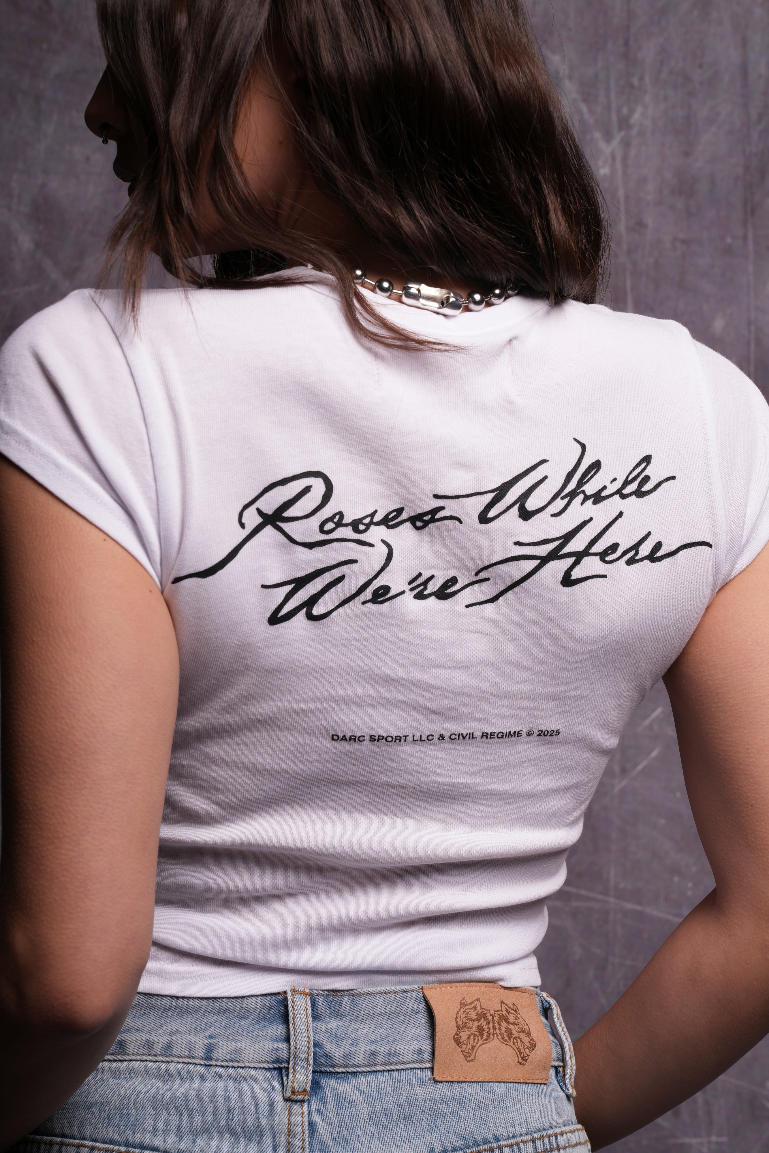 White 'Baby' Tee with Roses Print