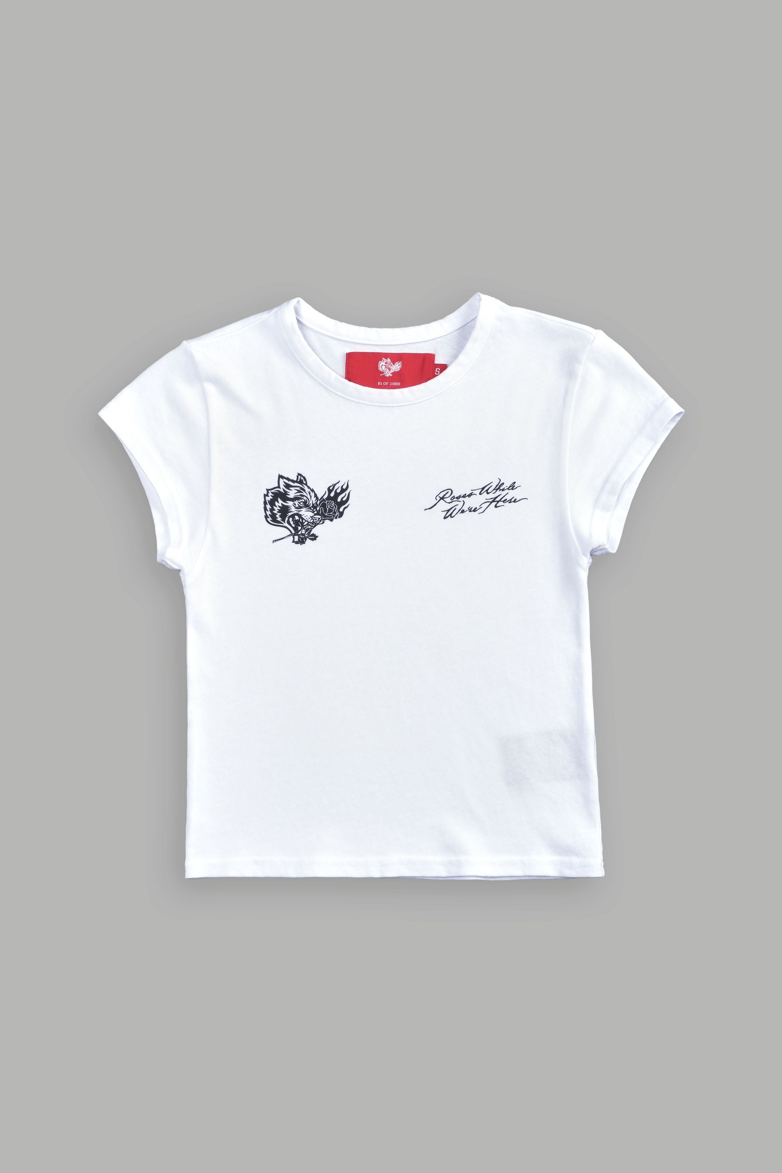 White 'Baby' Tee with Roses Print