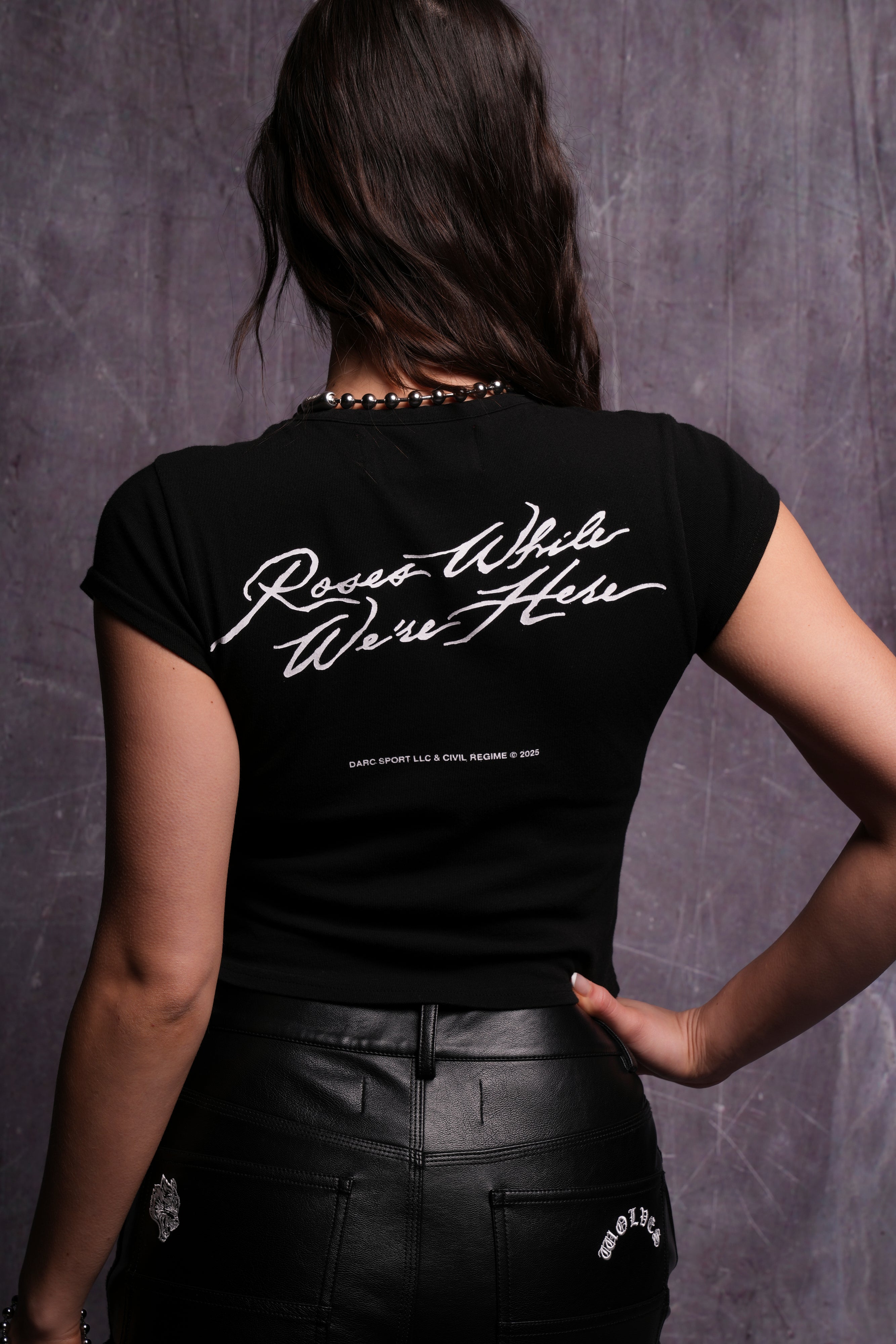 Black 'Baby' Tee with Roses Print