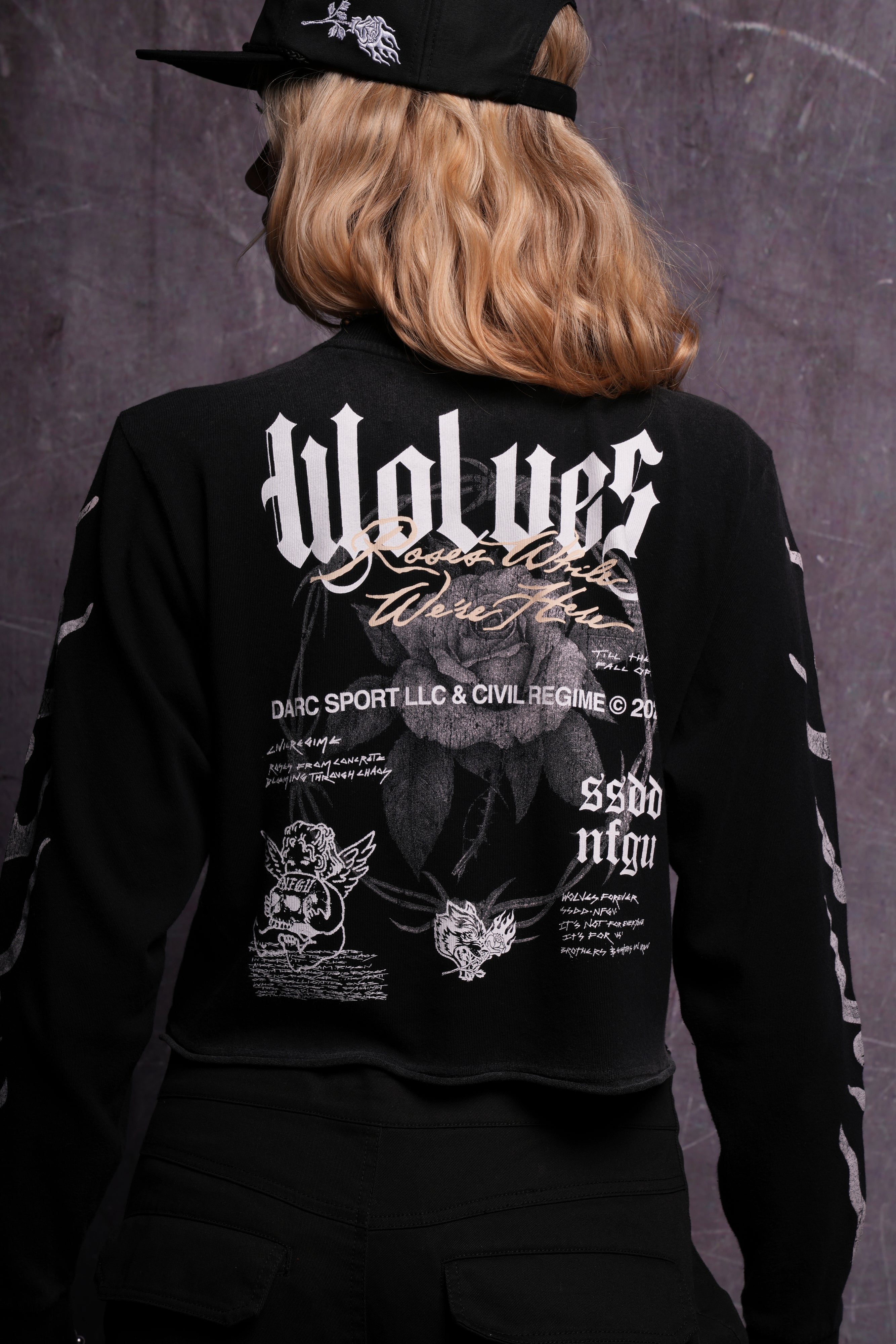 Black Infernal Bloom LS Cropped Tee - Premium Fit
