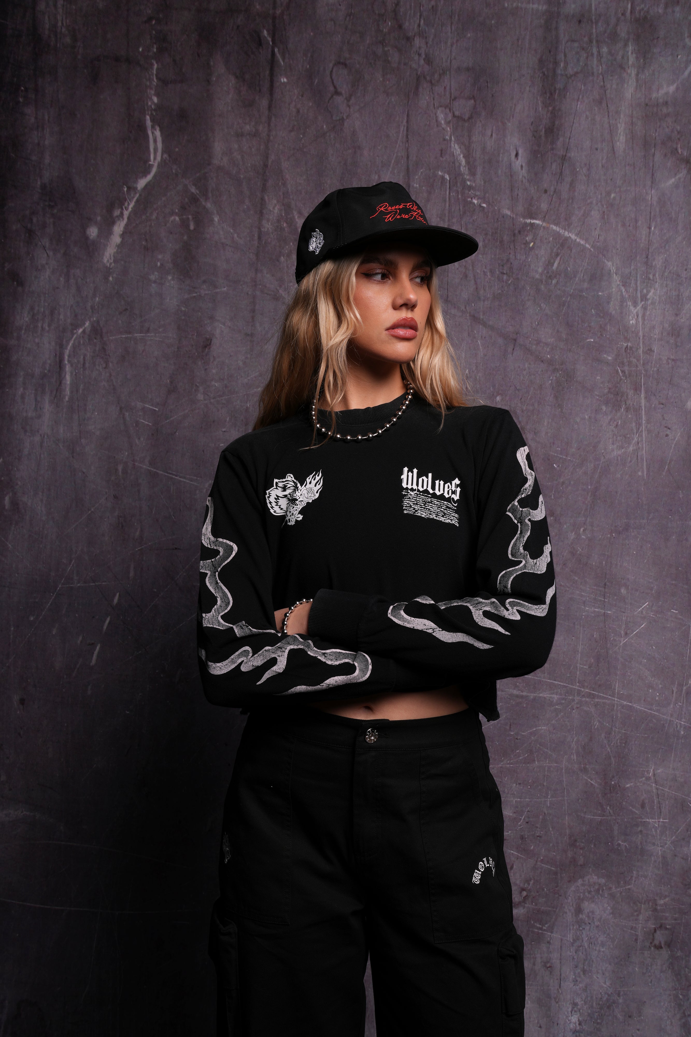 Black Infernal Bloom LS Cropped Tee - Premium Fit