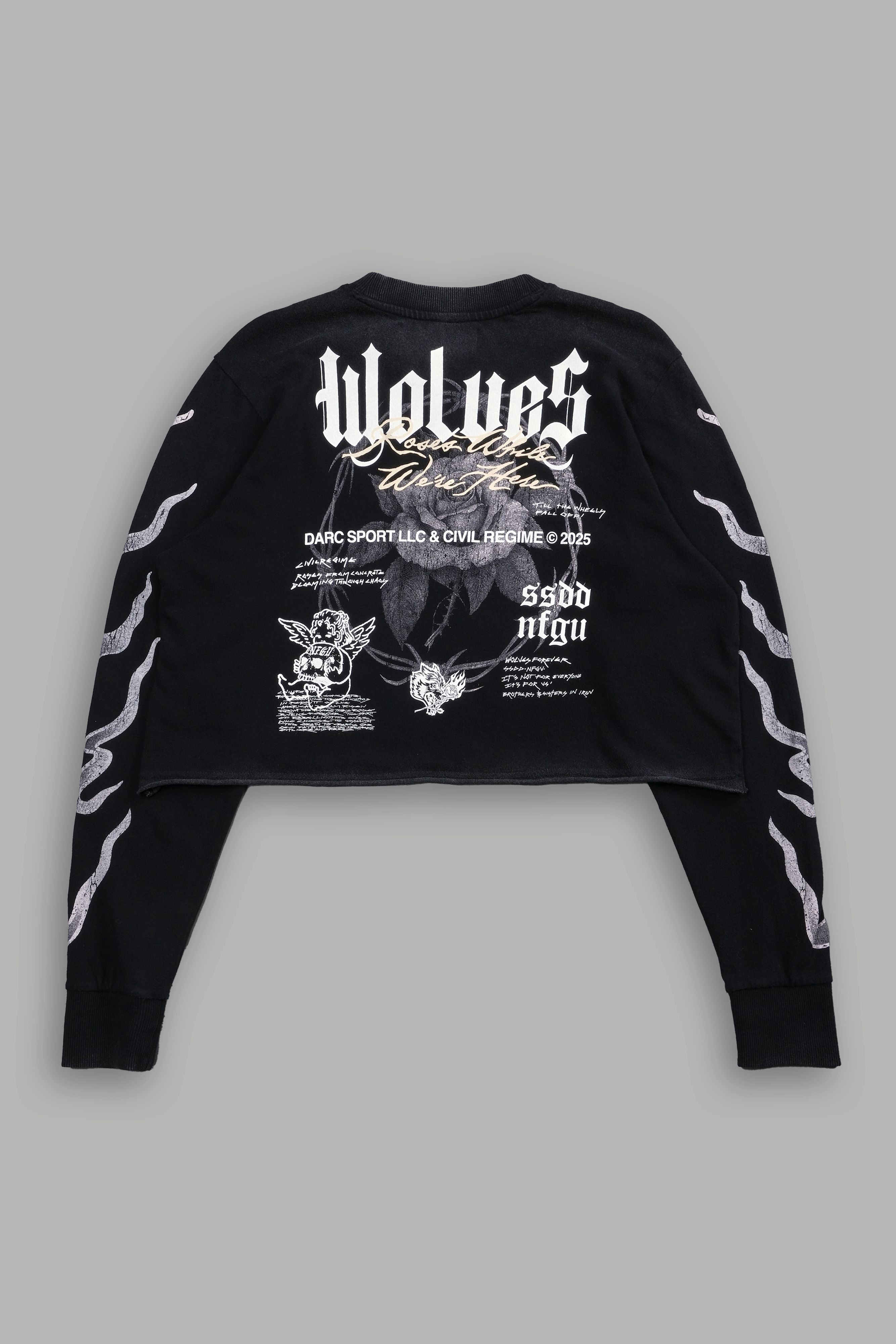 Black Infernal Bloom LS Cropped Tee - Premium Fit