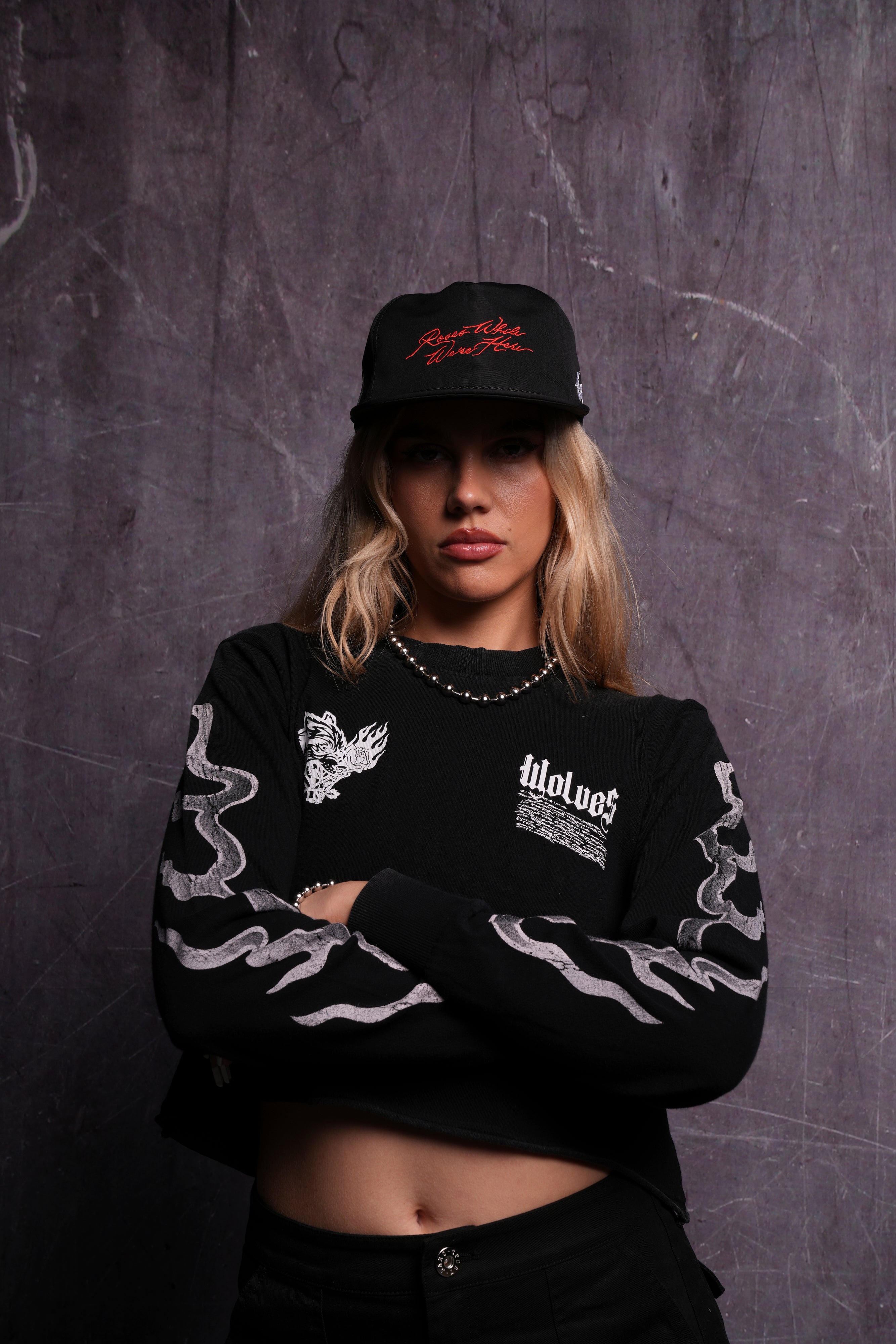 Black Infernal Bloom LS Cropped Tee - Premium Fit