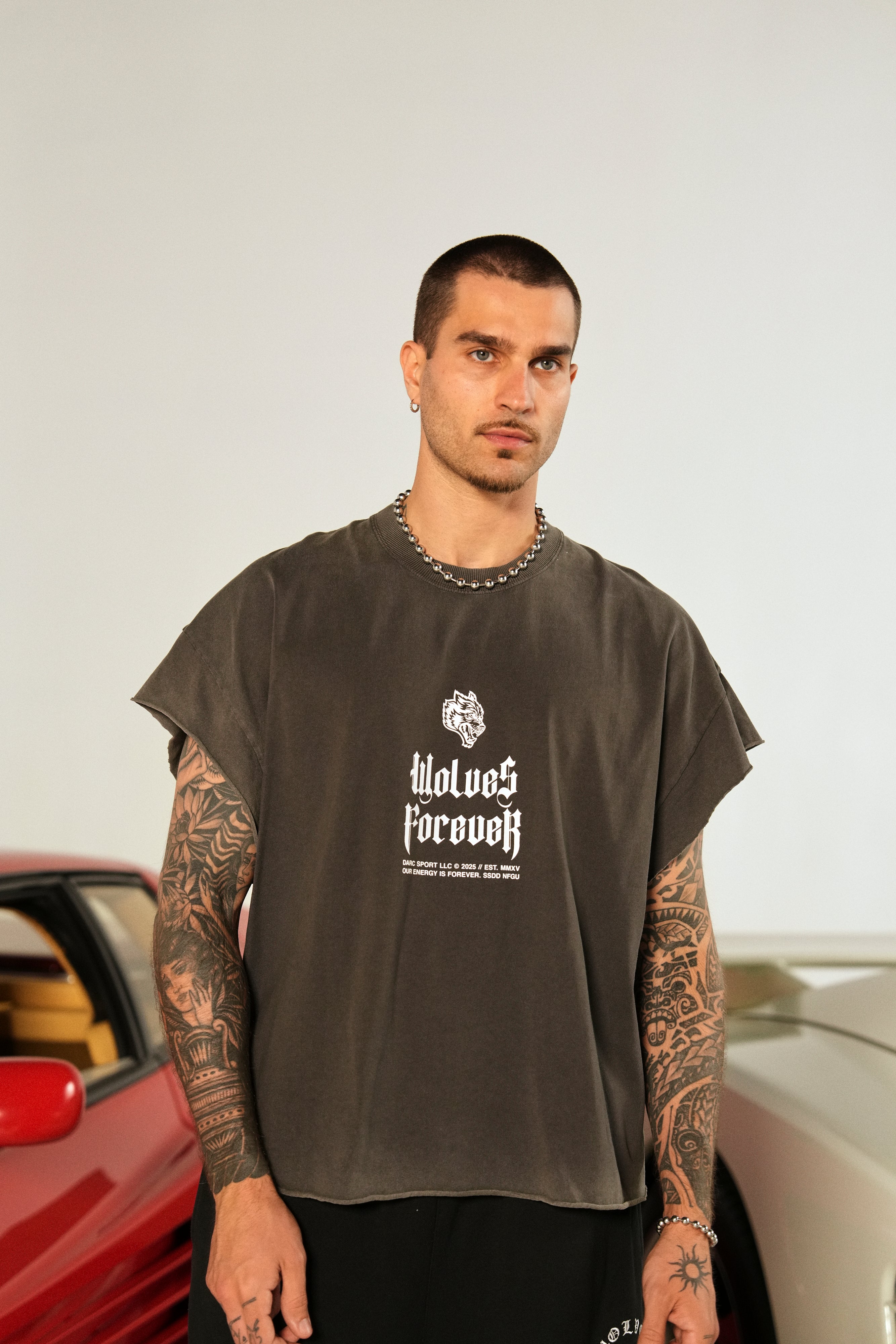 Wolf Gray Grunge Cut Off Tee - Edgy Streetwear Style