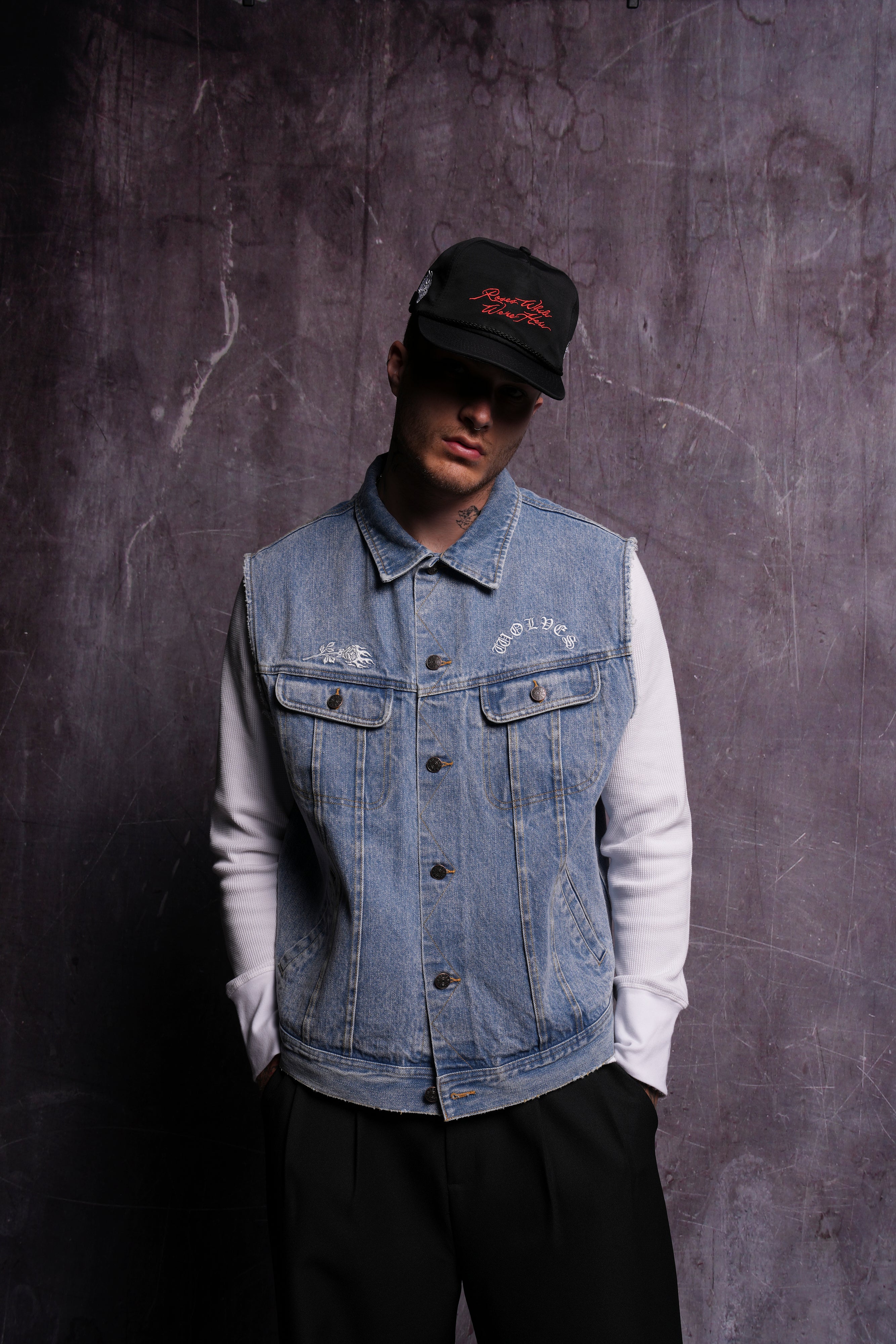 Clint American Denim Vest - Medium Wash Rose Chopper