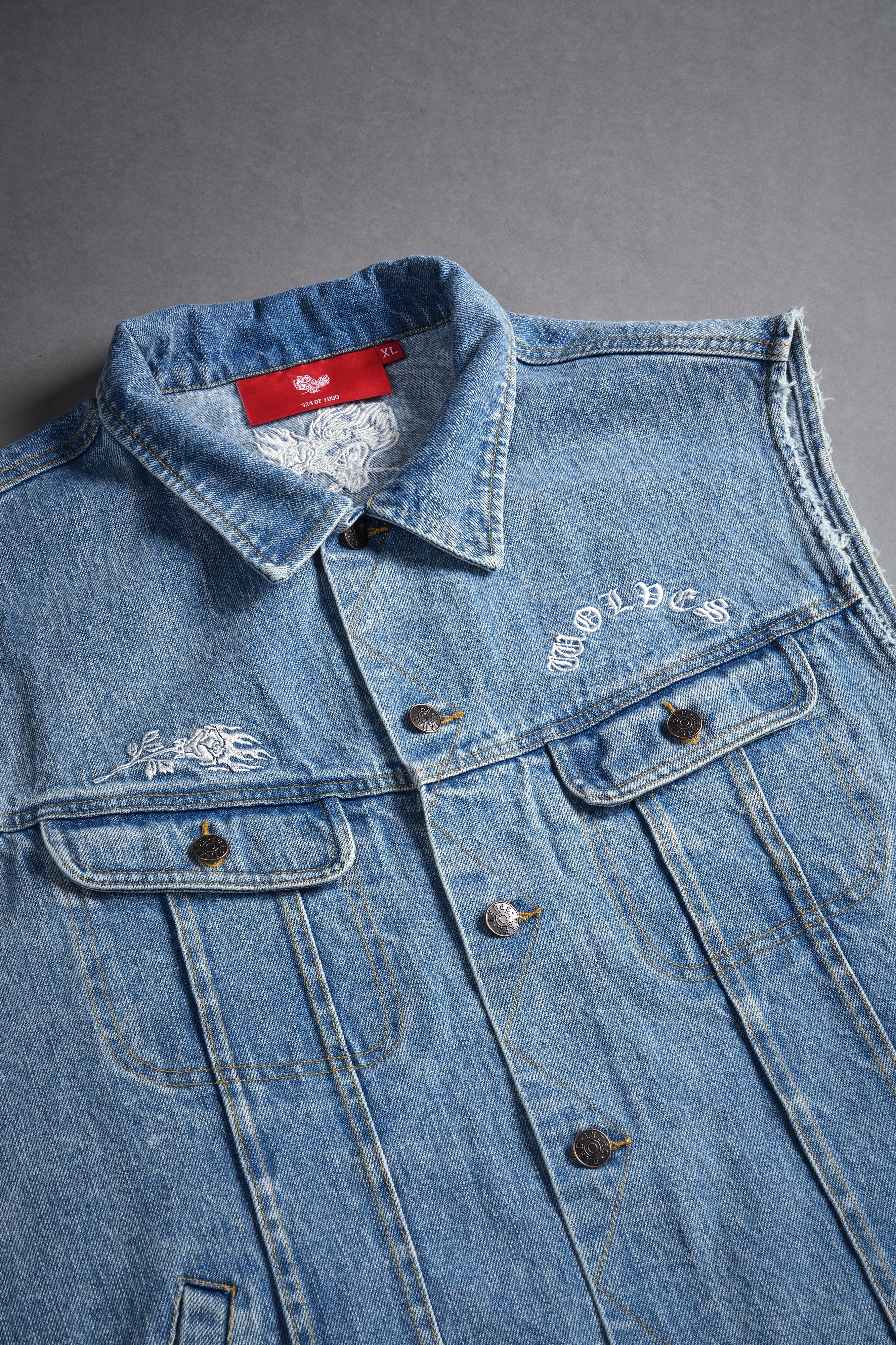 Clint American Denim Vest - Medium Wash Rose Chopper