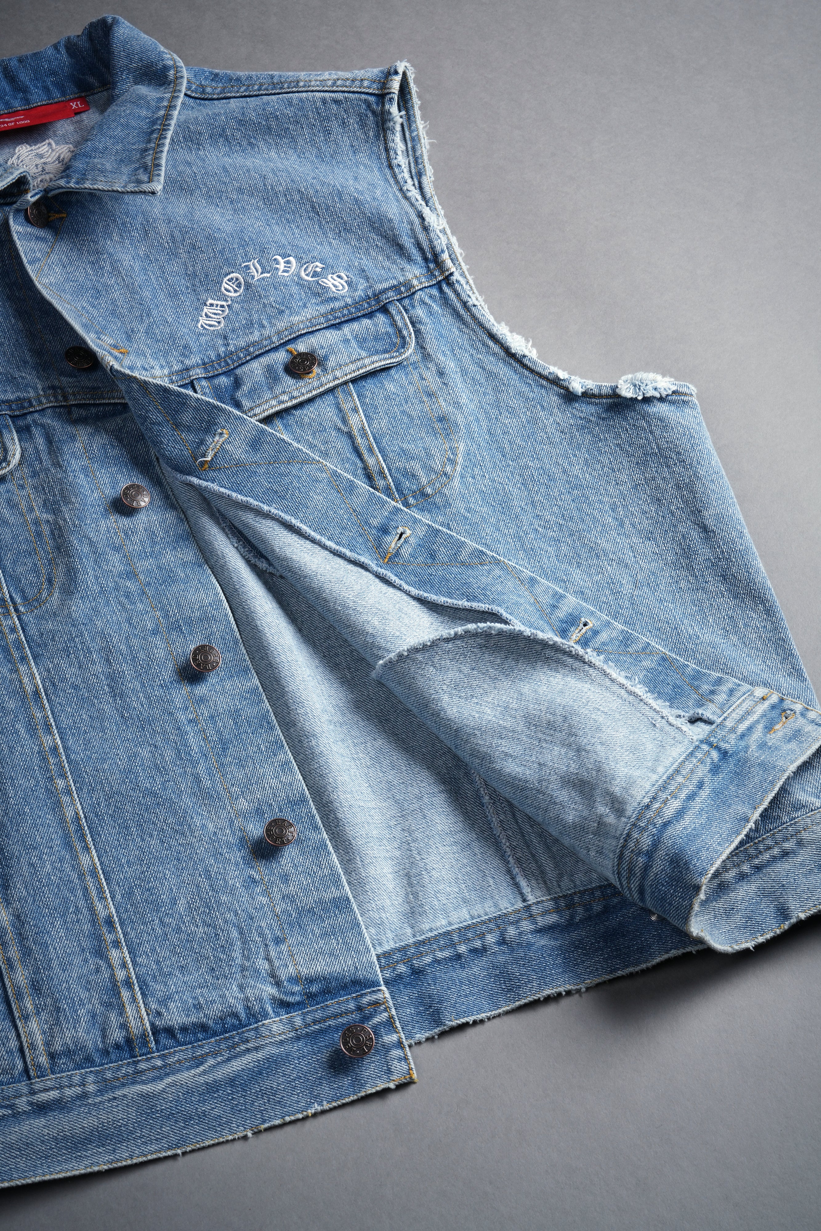 Clint American Denim Vest - Medium Wash Rose Chopper