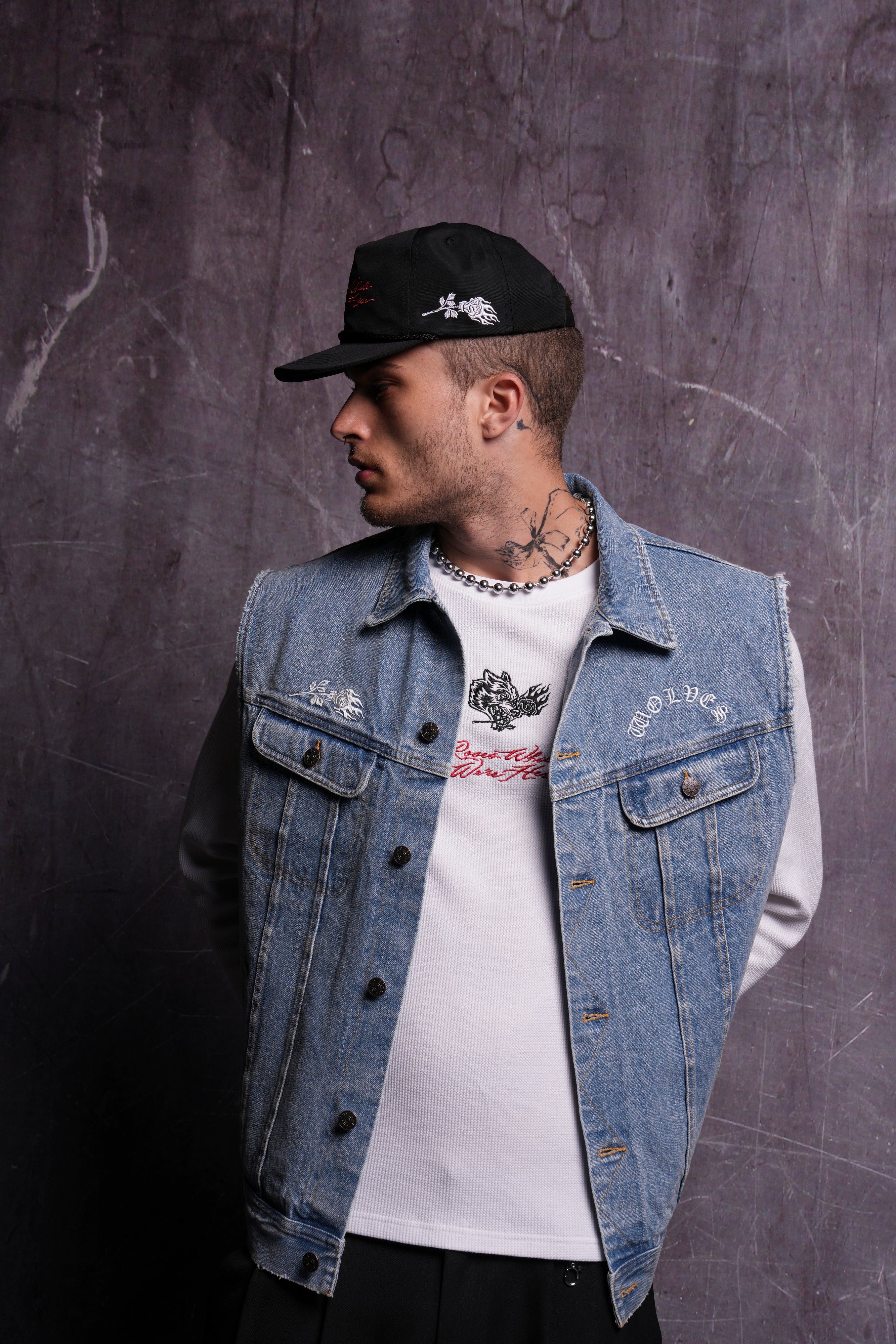 Clint American Denim Vest - Medium Wash Rose Chopper